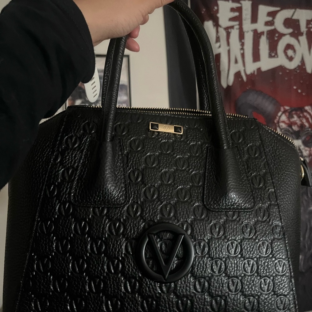 Valentino By Mario Valentino Black leather dollaro monogram satchel crossbody